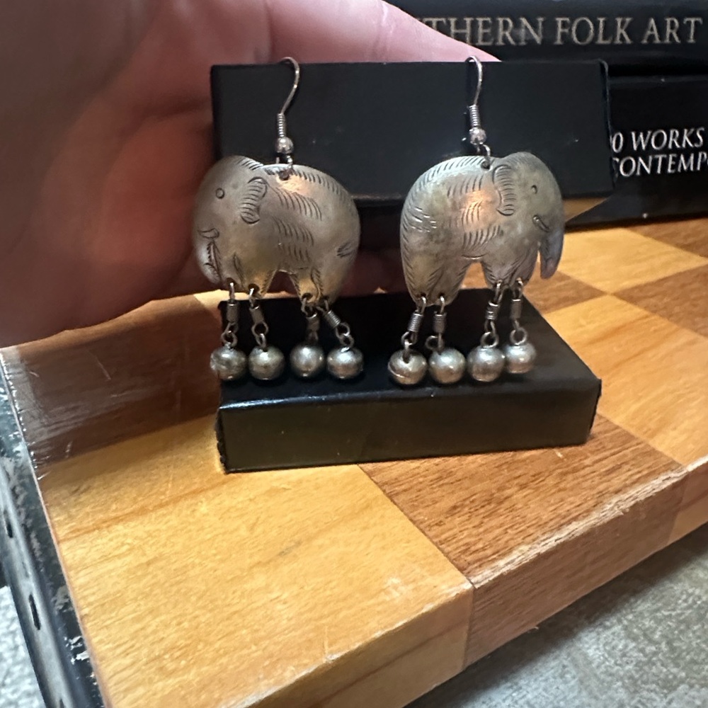Vintage Silver Elephant Dangle Earrings with Bells
